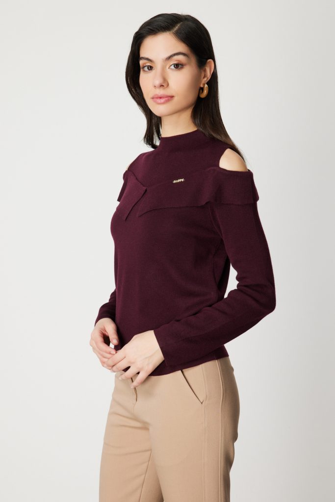 ON TRİKO Omzu Pencere Detaylı Triko Kazak 60479 - bordo