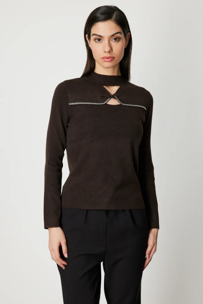 ON TRİKO Pencere Detaylı Taşlı Triko Kazak 60481 - kahve