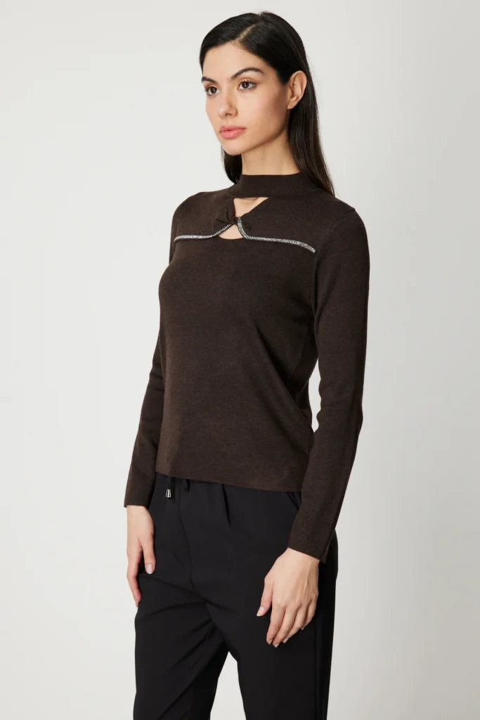 ON TRİKO Pencere Detaylı Taşlı Triko Kazak 60481 - kahve