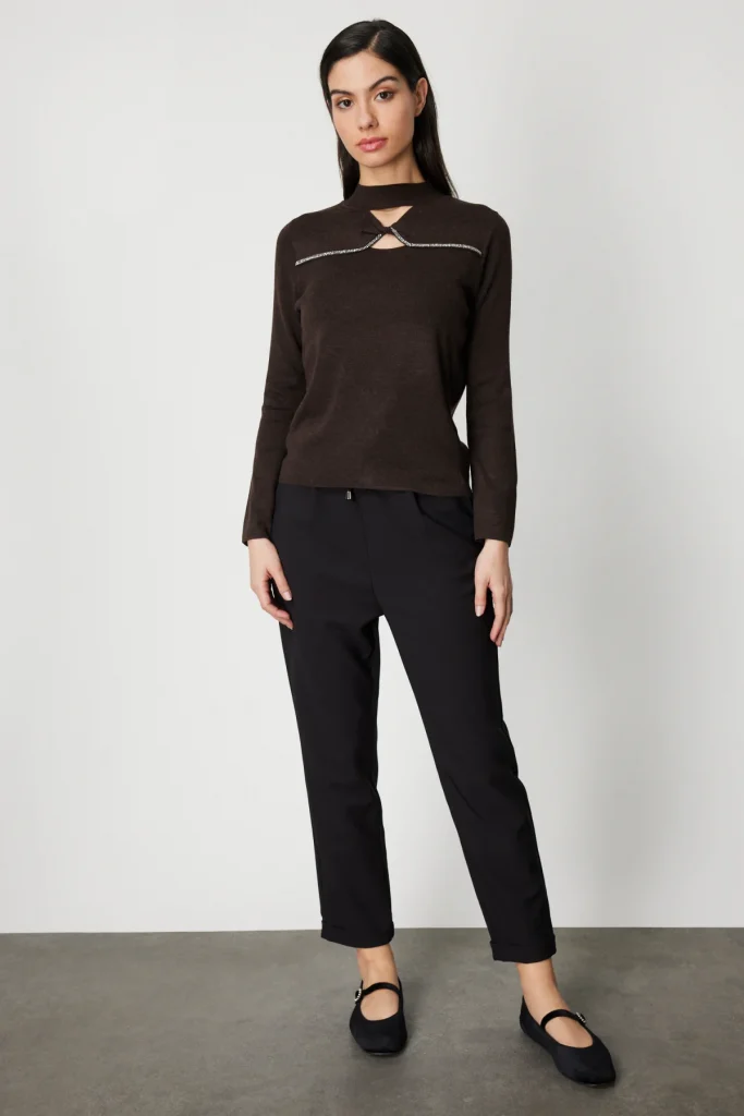 ON TRİKO Pencere Detaylı Taşlı Triko Kazak 60481 - kahve