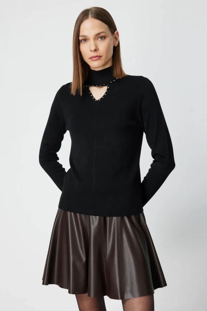 ON TRİKO Dik Yaka Boncuk Detaylı Triko Kazak 60484 - Siyah