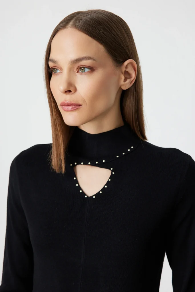 ON TRİKO Dik Yaka Boncuk Detaylı Triko Kazak 60484 - Siyah