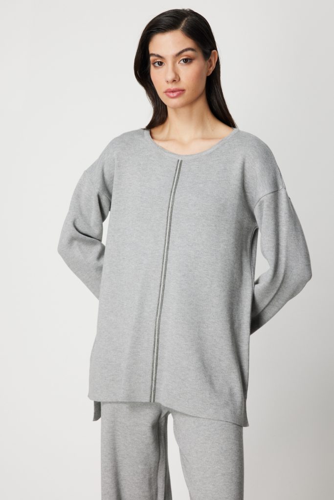 ON TRİKO Önü Taş İşlemeli Uzun Triko Kazak 63320 - GRİ