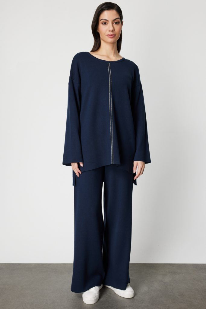 ON TRİKO Önü Taş İşlemeli Uzun Triko Kazak 63320 - Lacivert