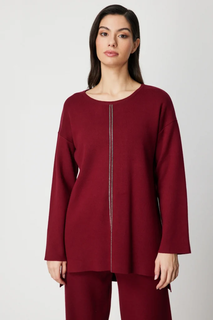 ON TRİKO Önü Taş İşlemeli Uzun Triko Kazak 63320 - bordo