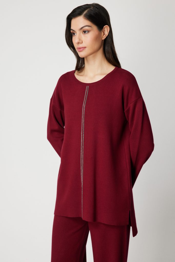 ON TRİKO Önü Taş İşlemeli Uzun Triko Kazak 63320 - bordo