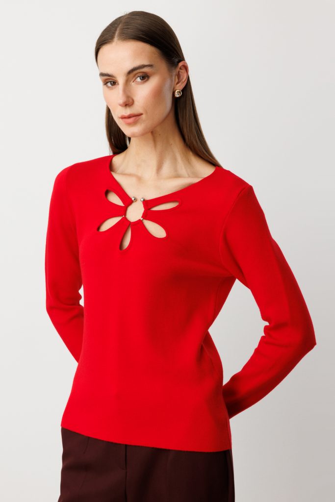 ON TRİKO Yakası Pencereli Triko Kazak 63322 - KIRMIZI