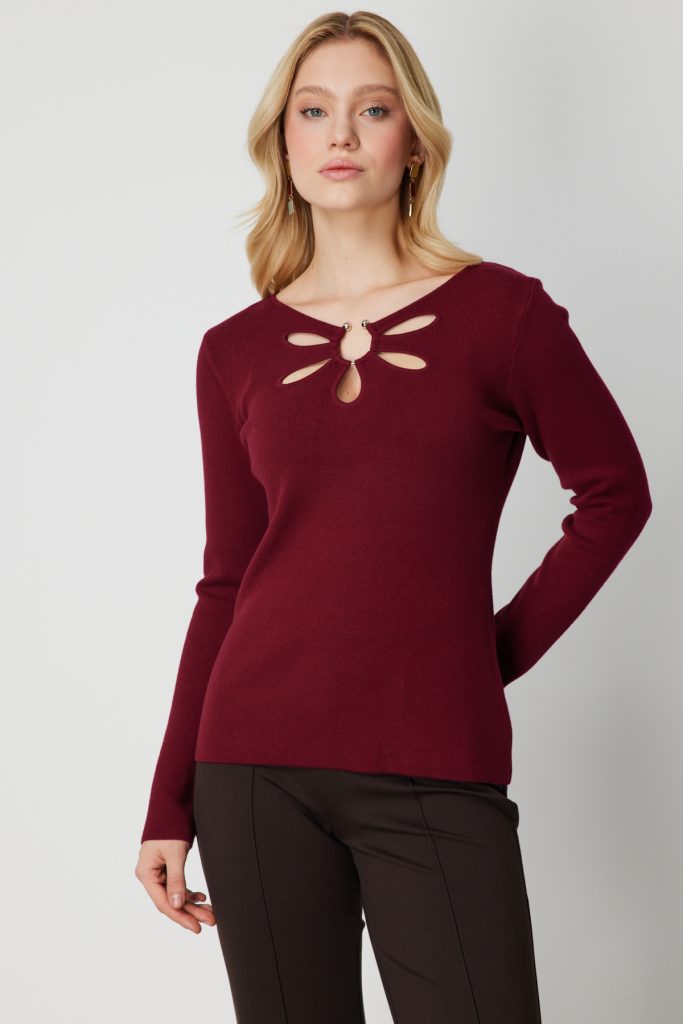 ON TRİKO Yakası Pencereli Triko Kazak 63322 - bordo