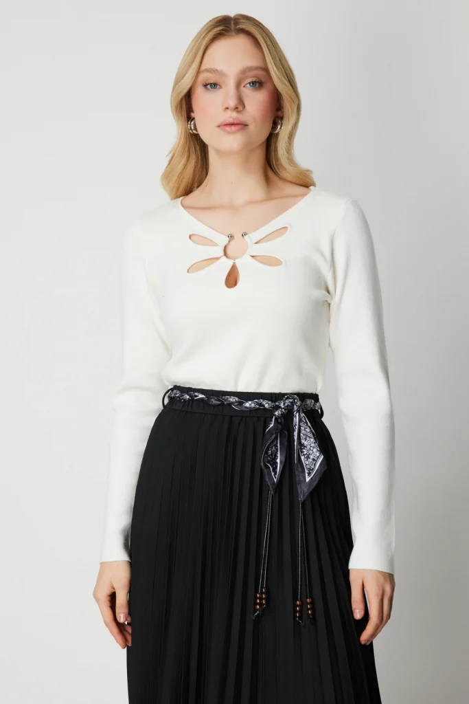 ON TRİKO Yakası Pencereli Triko Kazak 63322 - EKRU