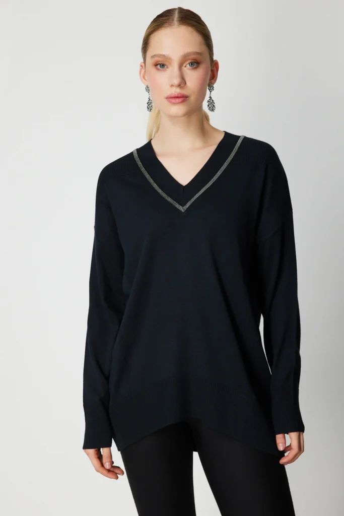 ON TRİKO V Yaka Taşlı Triko Kazak 65311