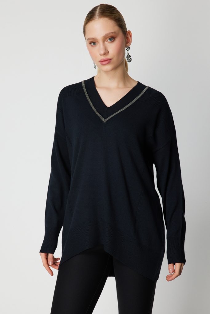 ON TRİKO V Yaka Taşlı Triko Kazak 65311