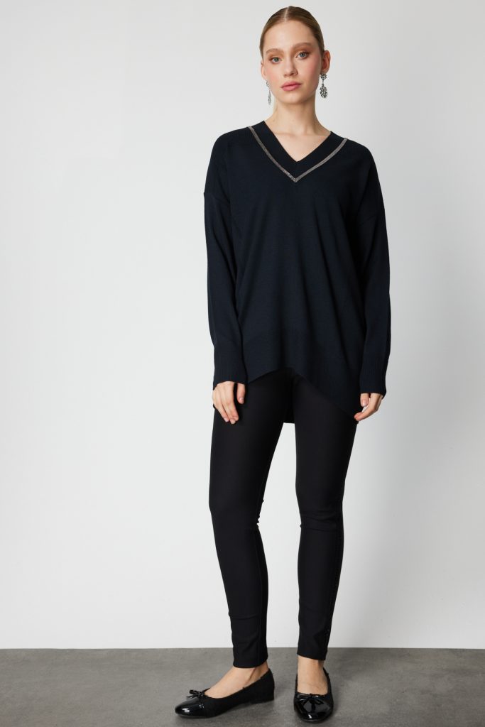 ON TRİKO V Yaka Taşlı Triko Kazak 65311