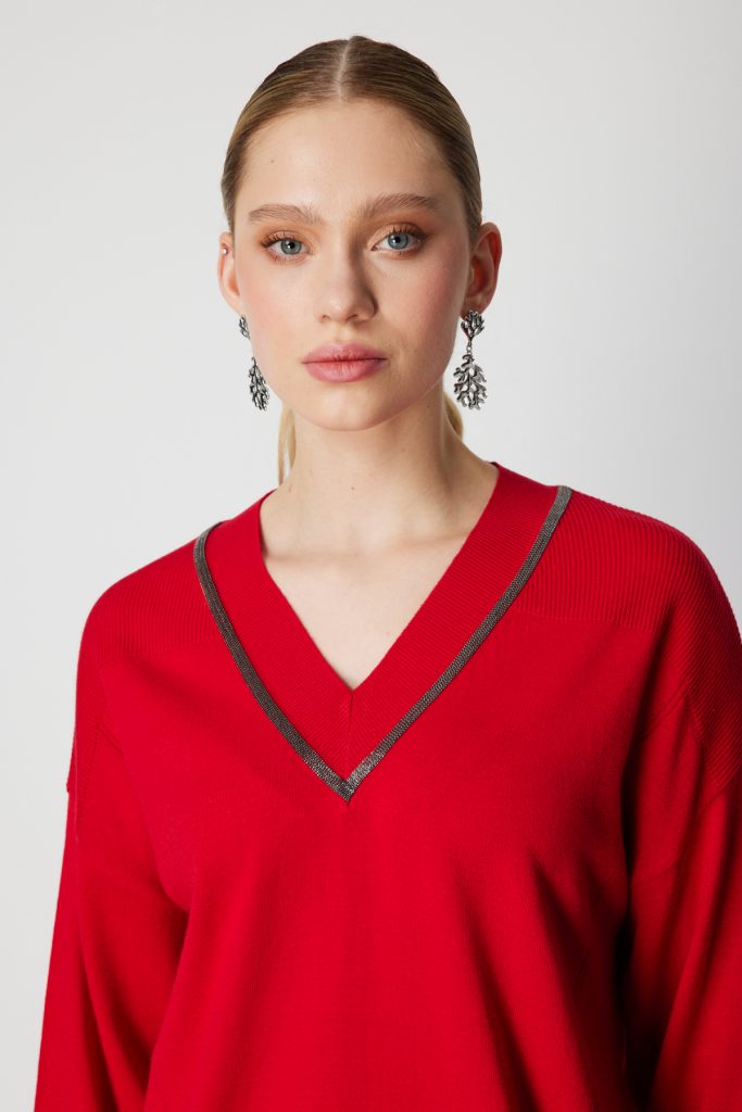 ON TRİKO V Yaka Taşlı Triko Kazak 65311 - KIRMIZI