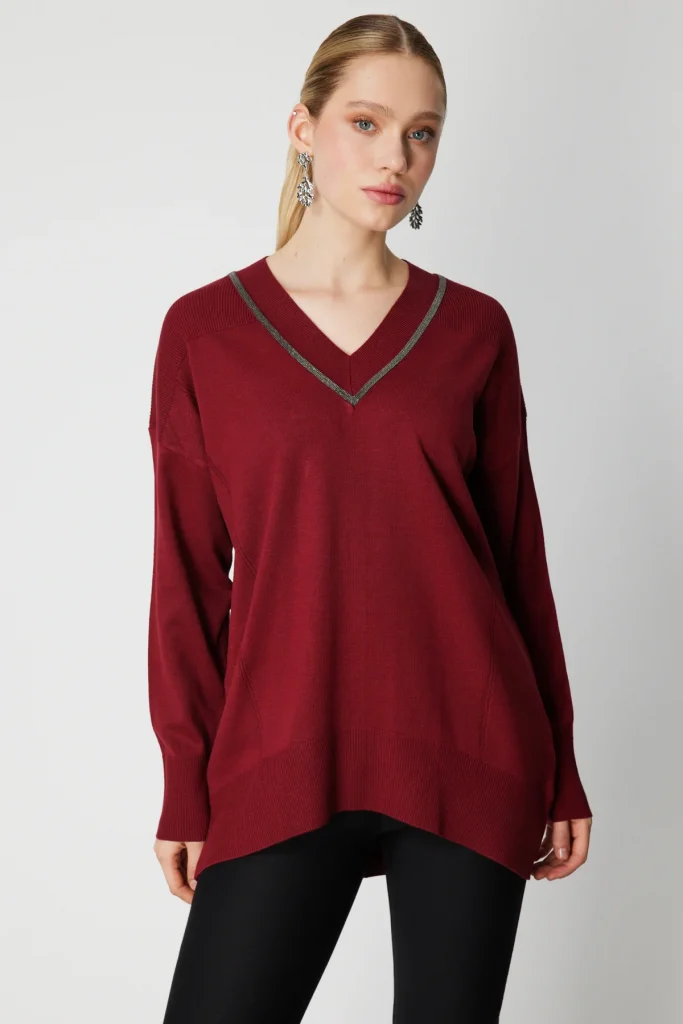 ON TRİKO V Yaka Taşlı Triko Kazak 65311 - bordo