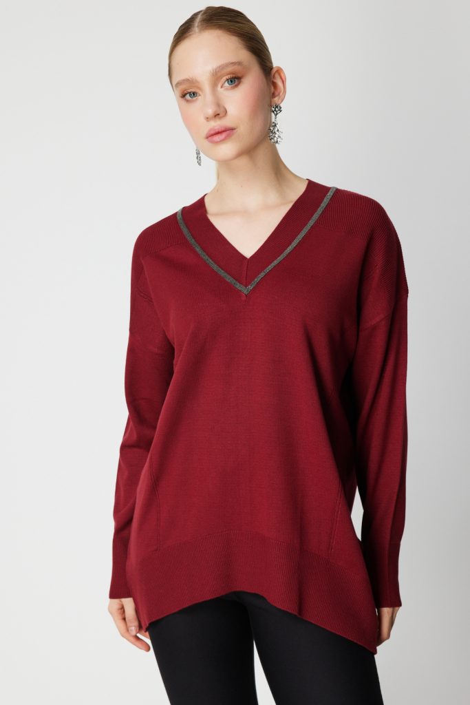 ON TRİKO V Yaka Taşlı Triko Kazak 65311 - bordo