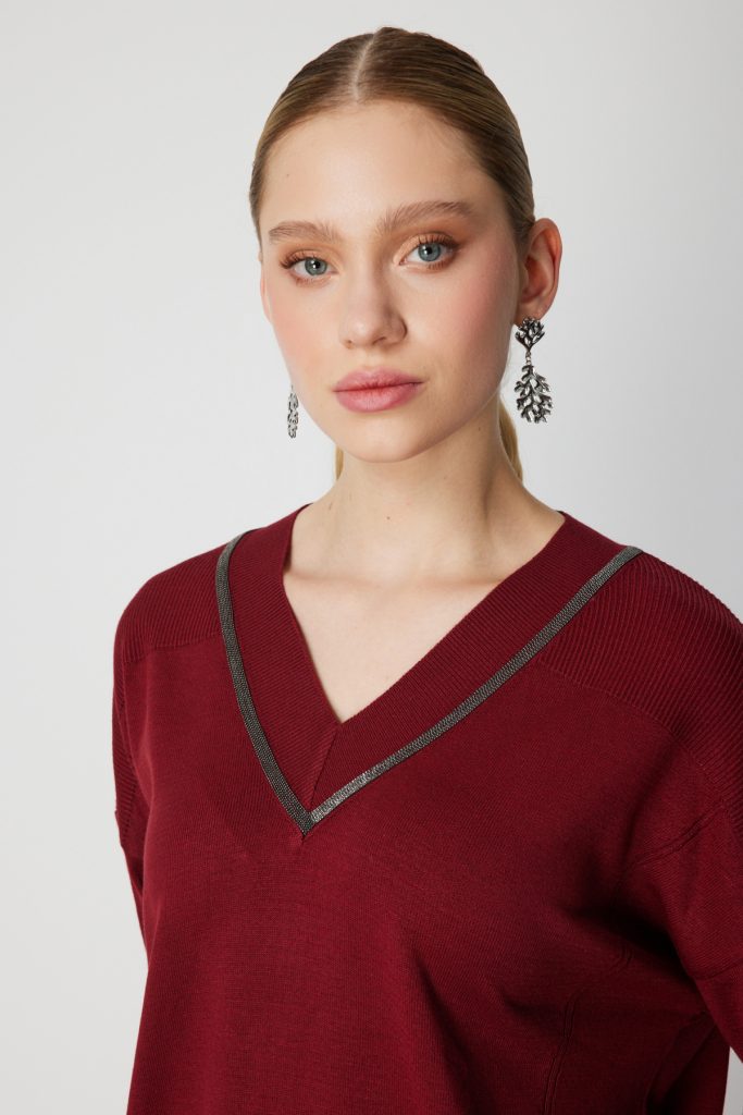 ON TRİKO V Yaka Taşlı Triko Kazak 65311 - bordo