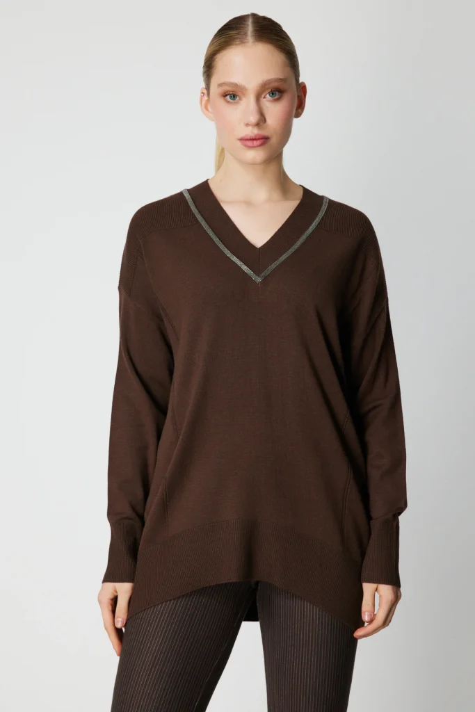 ON TRİKO V Yaka Taşlı Triko Kazak 65311 - kahve