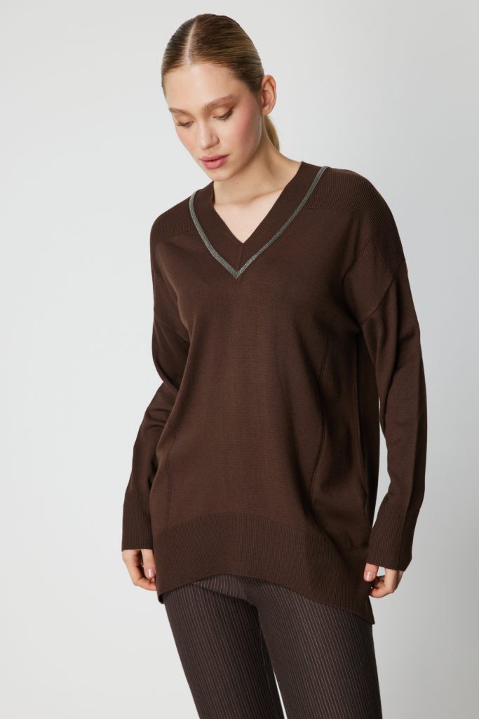 ON TRİKO V Yaka Taşlı Triko Kazak 65311 - kahve