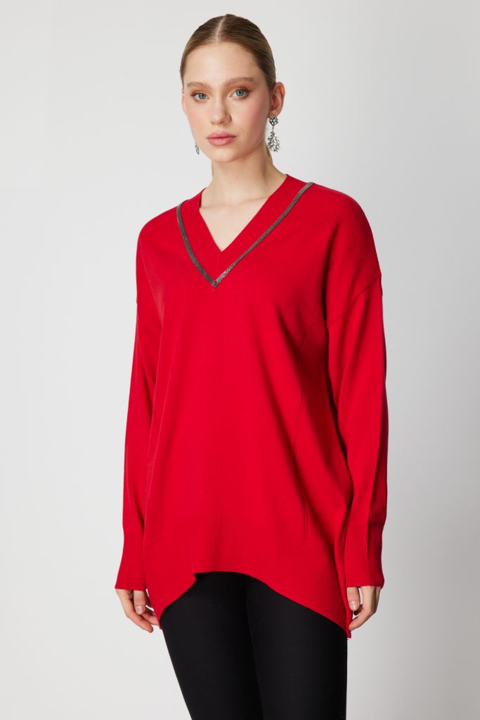 ON TRİKO V Yaka Taşlı Triko Kazak 65311