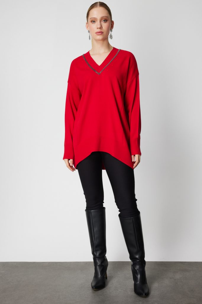 ON TRİKO V Yaka Taşlı Triko Kazak 65311