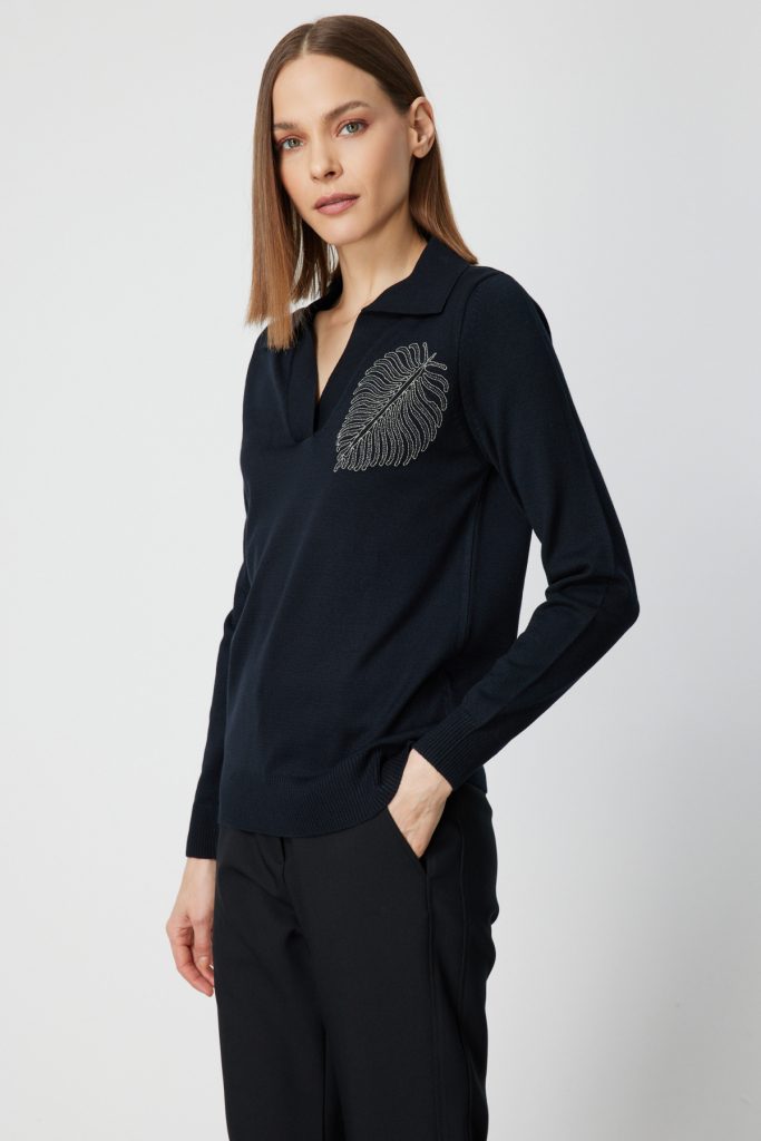 ON TRİKO Omzu Zincirli Yaprak Detaylı Triko Kazak  65334 - Siyah