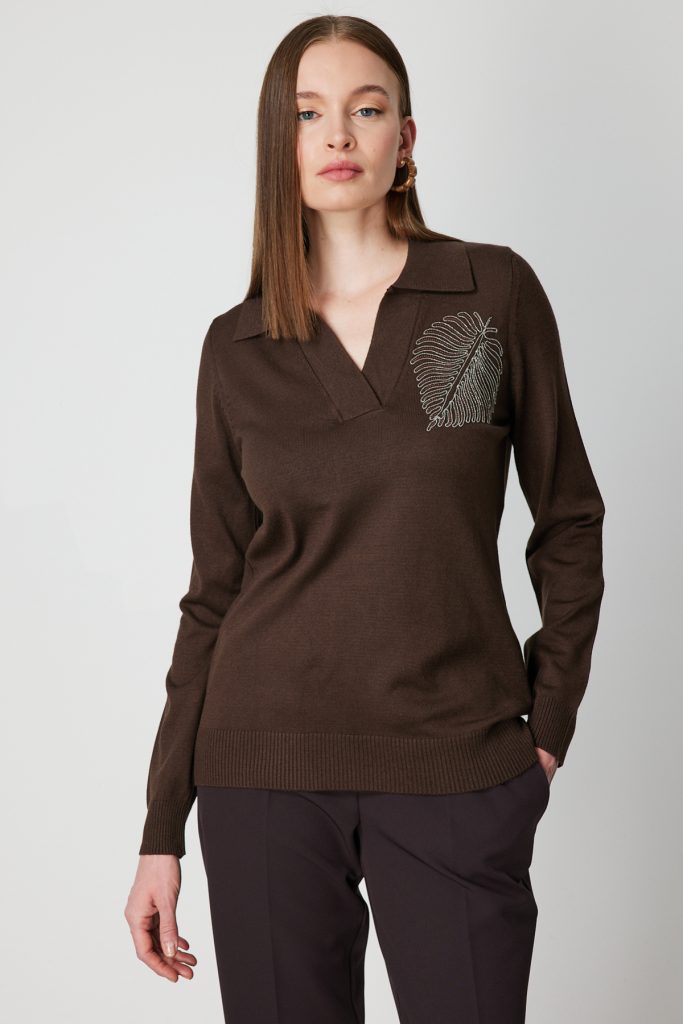 ON TRİKO Omzu Zincirli Yaprak Detaylı Triko Kazak  65334 - kahve