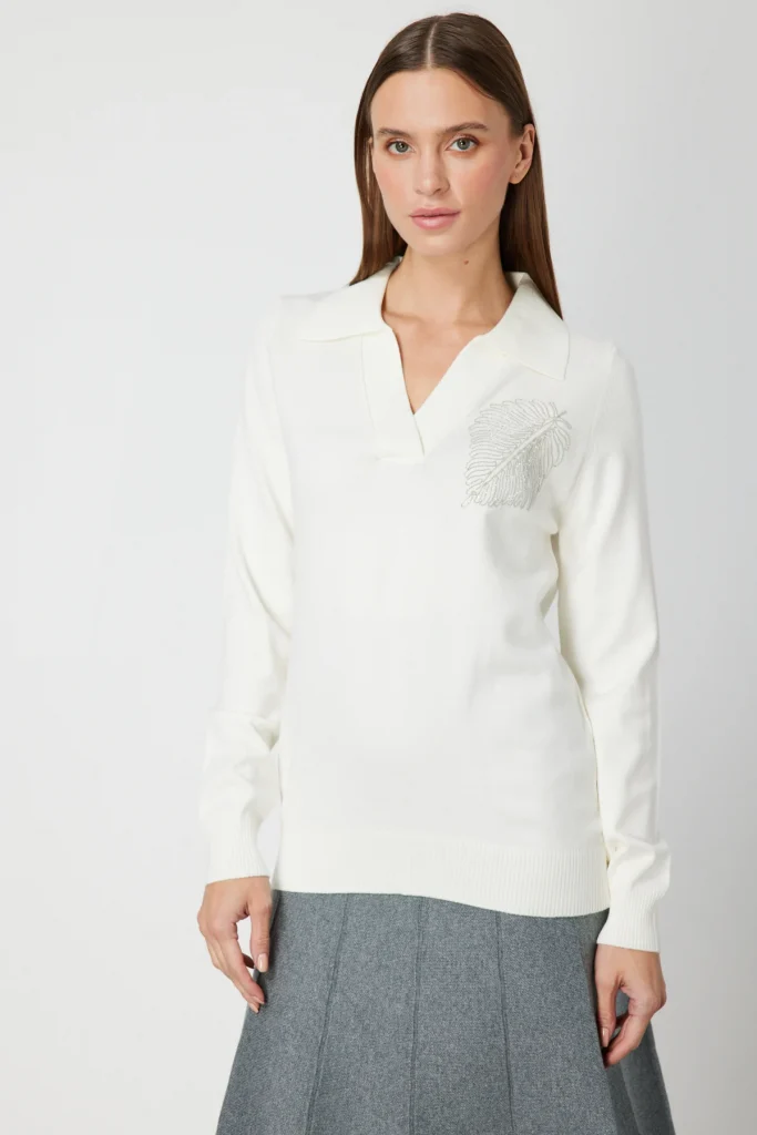 ON TRİKO Omzu Zincirli Yaprak Detaylı Triko Kazak  65334 - EKRU