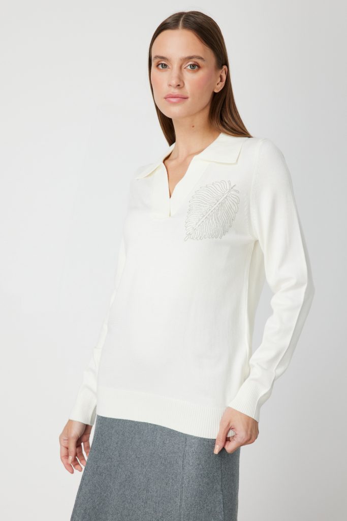 ON TRİKO Omzu Zincirli Yaprak Detaylı Triko Kazak  65334 - EKRU