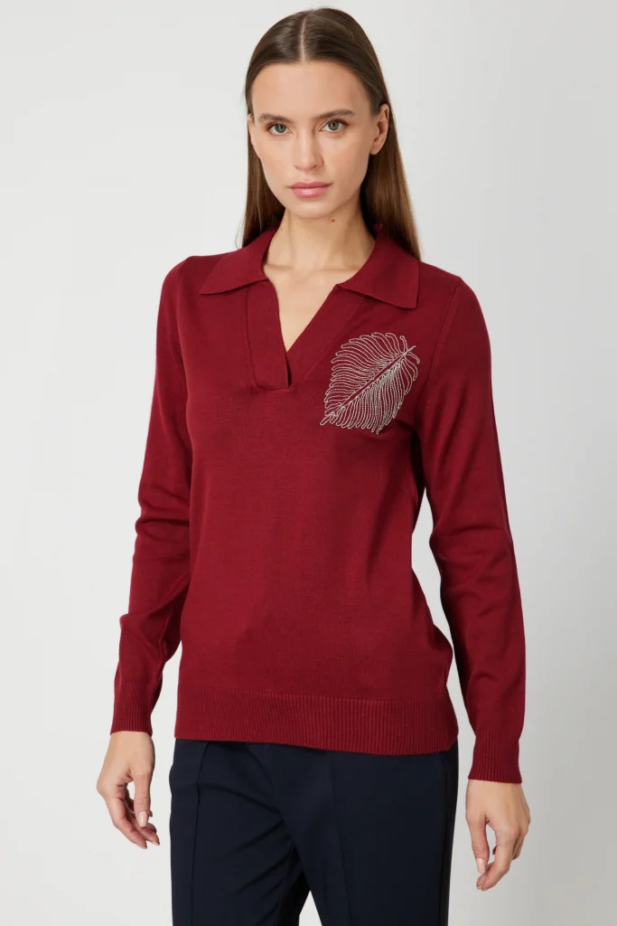 ON TRİKO Omzu Zincirli Yaprak Detaylı Triko Kazak  65334 - bordo