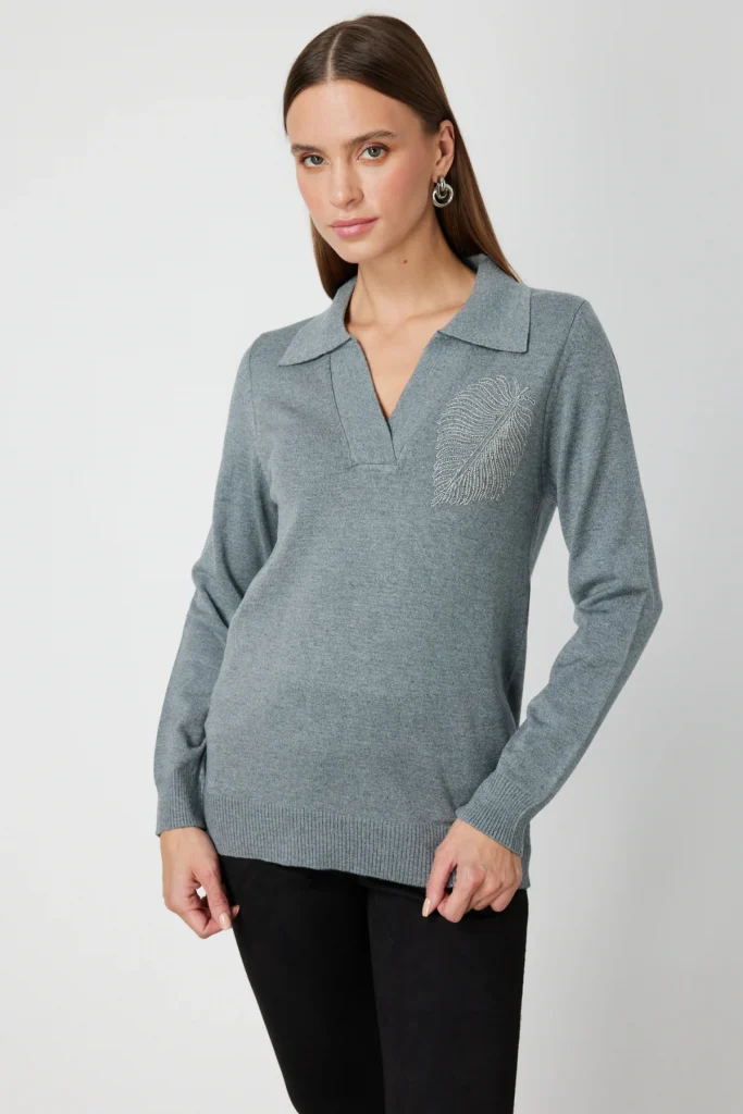 ON TRİKO Omzu Zincirli Yaprak Detaylı Triko Kazak  65334 - GRİ