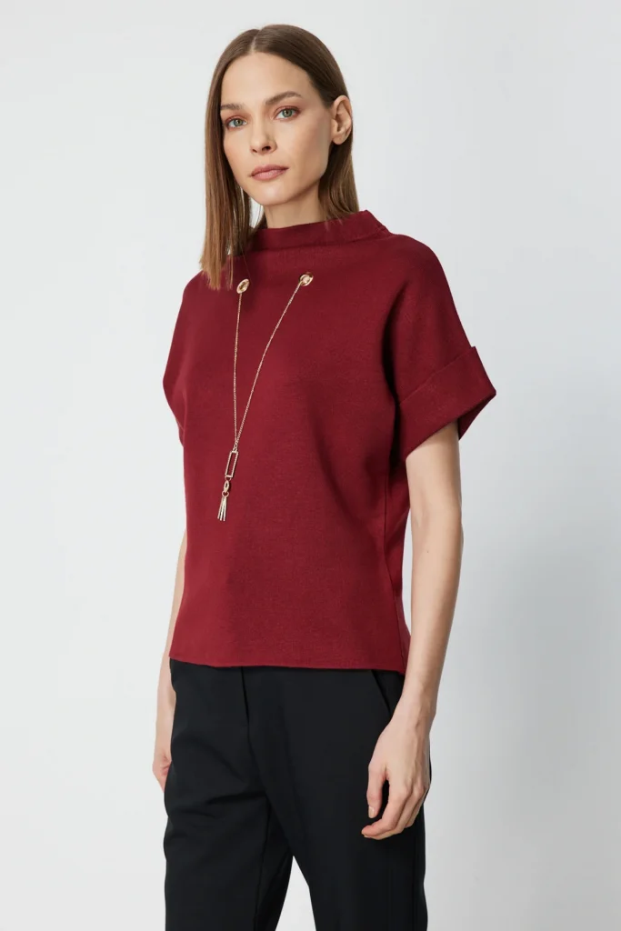 ON TRİKO Aksesuar Detaylı Dik Yaka Triko Kazak 65340 - bordo