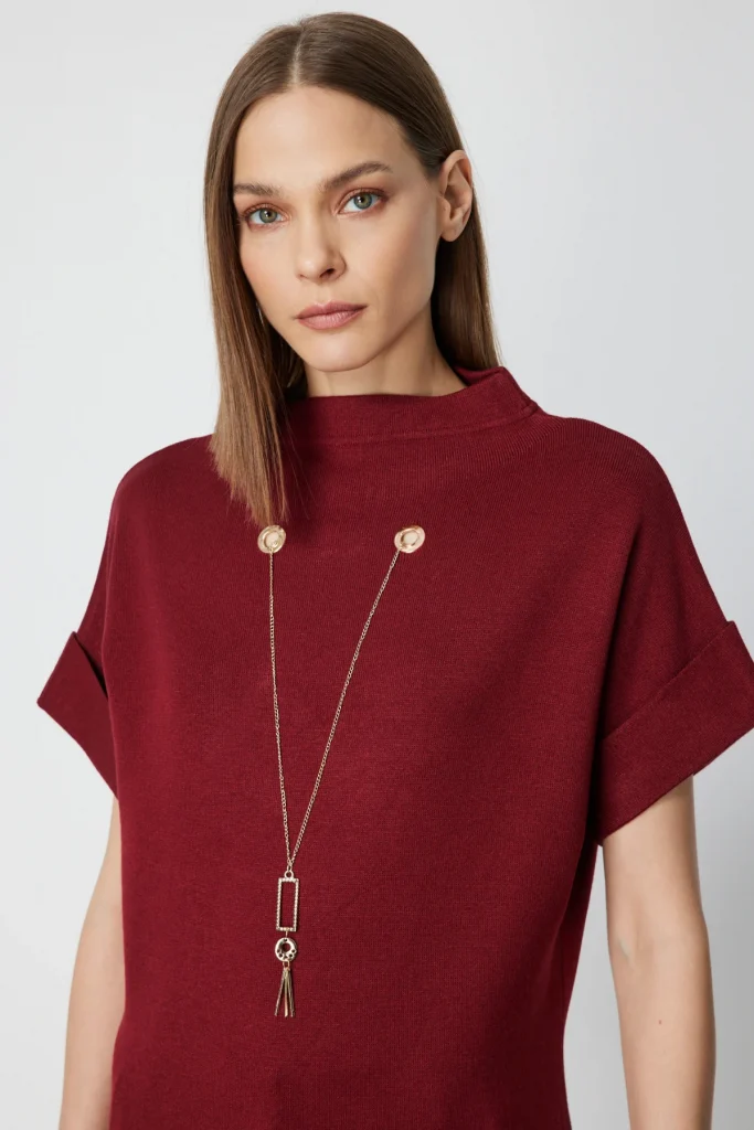 ON TRİKO Aksesuar Detaylı Dik Yaka Triko Kazak 65340 - bordo