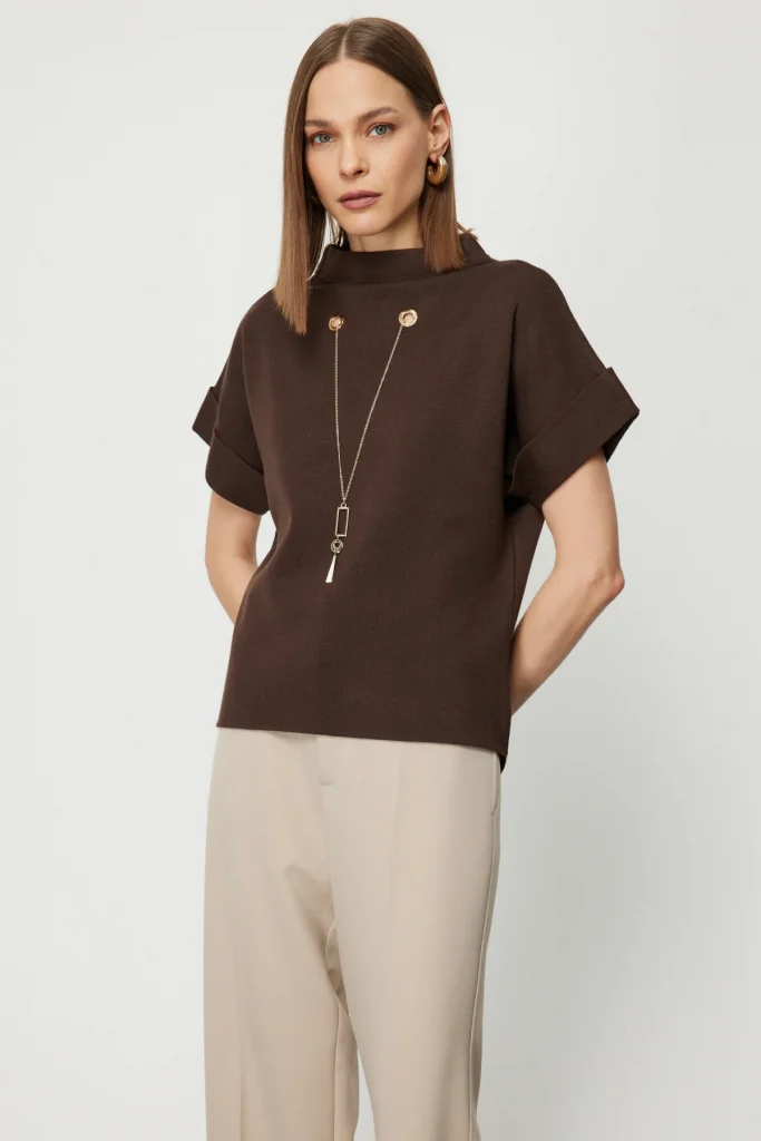 ON TRİKO Aksesuar Detaylı Dik Yaka Triko Kazak 65340 - kahve