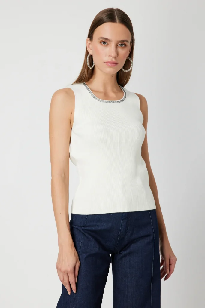 ON TRİKO Yakası Taşlı Kolsuz Triko Kazak 65394 - EKRU