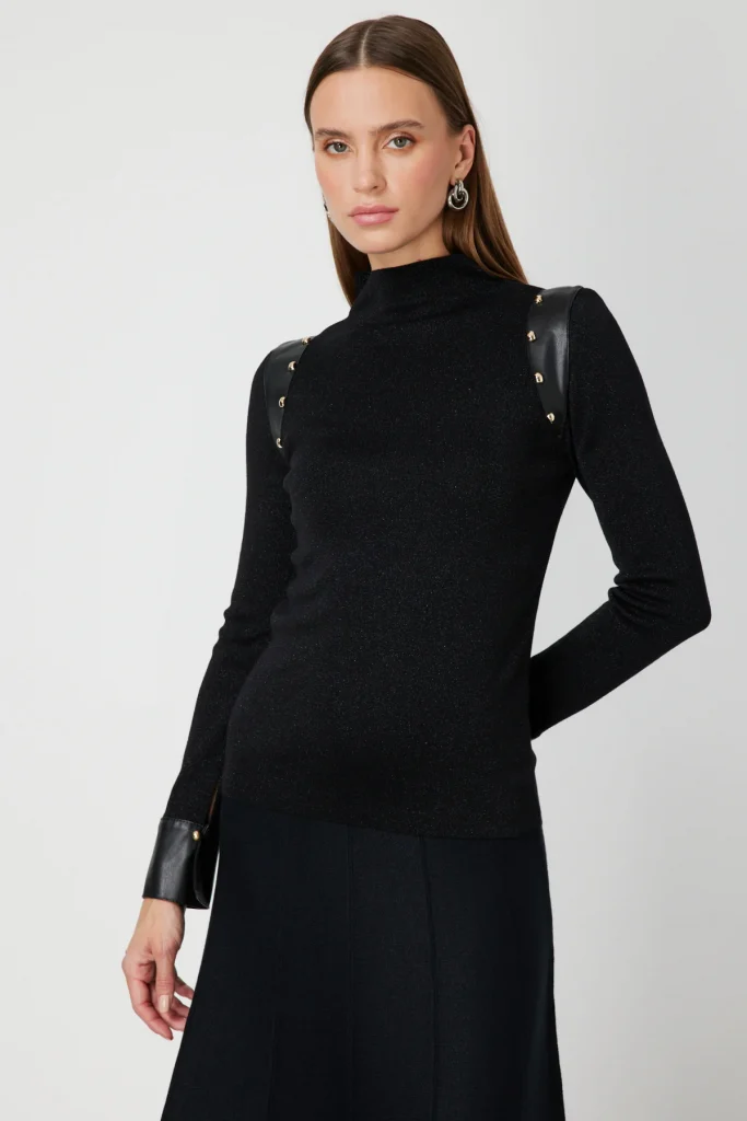 ON TRİKO Deri Detaylı Simli Triko Kazak 66308