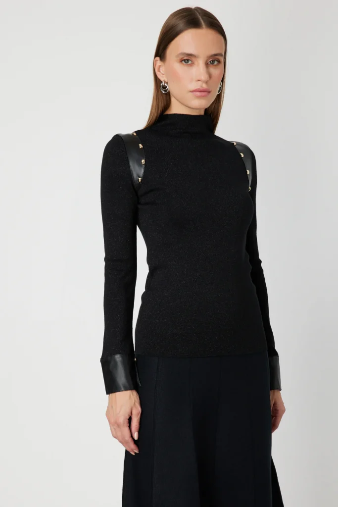 ON TRİKO Deri Detaylı Simli Triko Kazak 66308