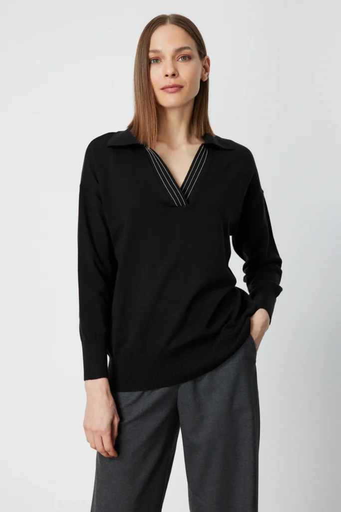 ON TRİKO Polo Yaka Zincir Detaylı Triko Kazak 66336 - Siyah