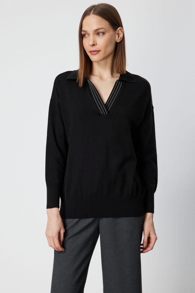 ON TRİKO Polo Yaka Zincir Detaylı Triko Kazak 66336 - Siyah