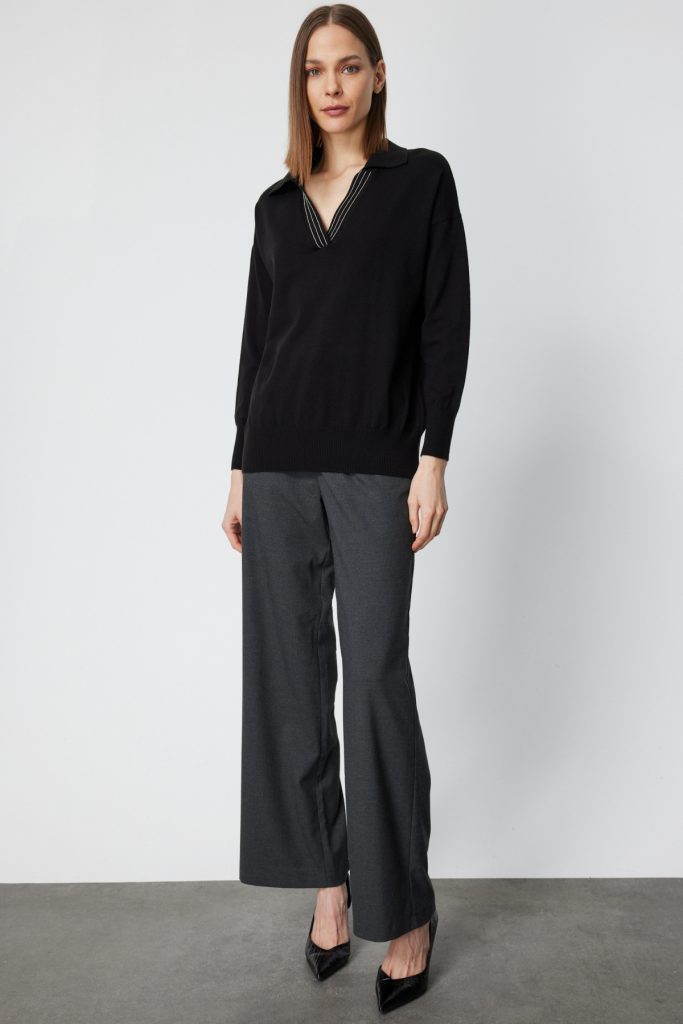 ON TRİKO Polo Yaka Zincir Detaylı Triko Kazak 66336 - Siyah