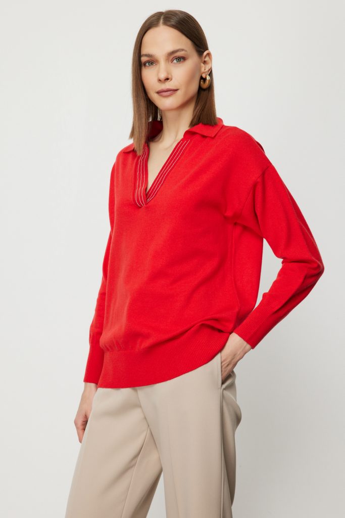 ON TRİKO Polo Yaka Zincir Detaylı Triko Kazak 66336 - KIRMIZI