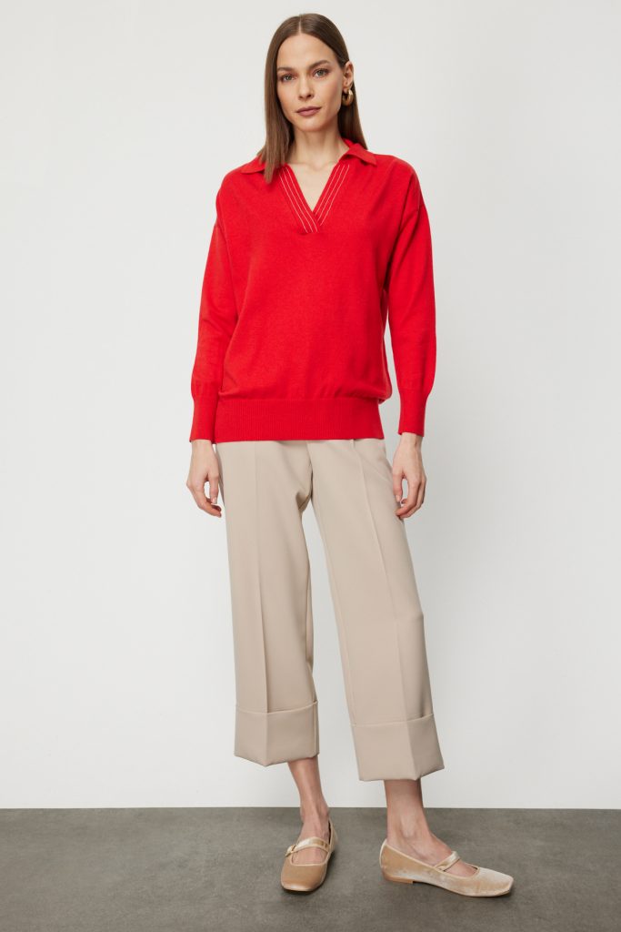 ON TRİKO Polo Yaka Zincir Detaylı Triko Kazak 66336 - KIRMIZI