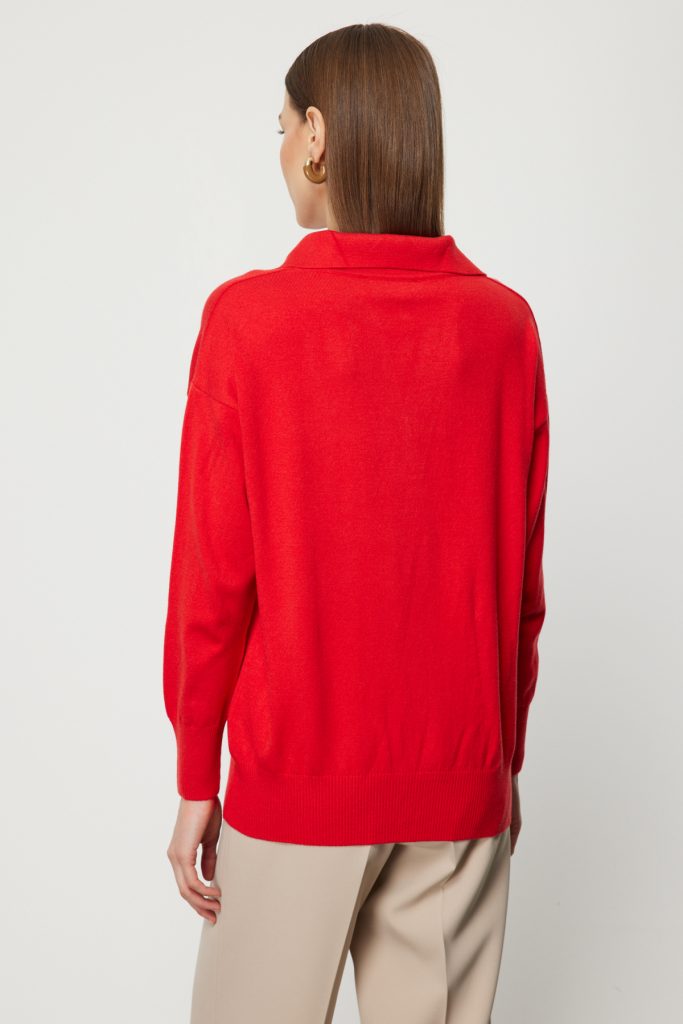 ON TRİKO Polo Yaka Zincir Detaylı Triko Kazak 66336 - KIRMIZI