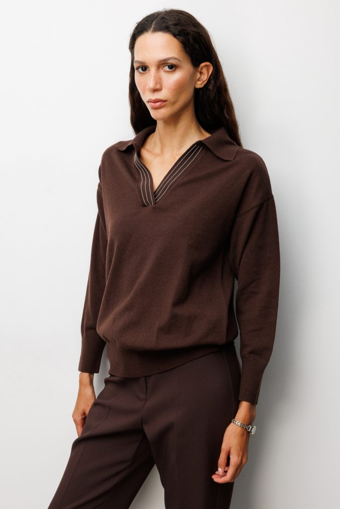 ON TRİKO Polo Yaka Zincir Detaylı Triko Kazak 66336 - kahve