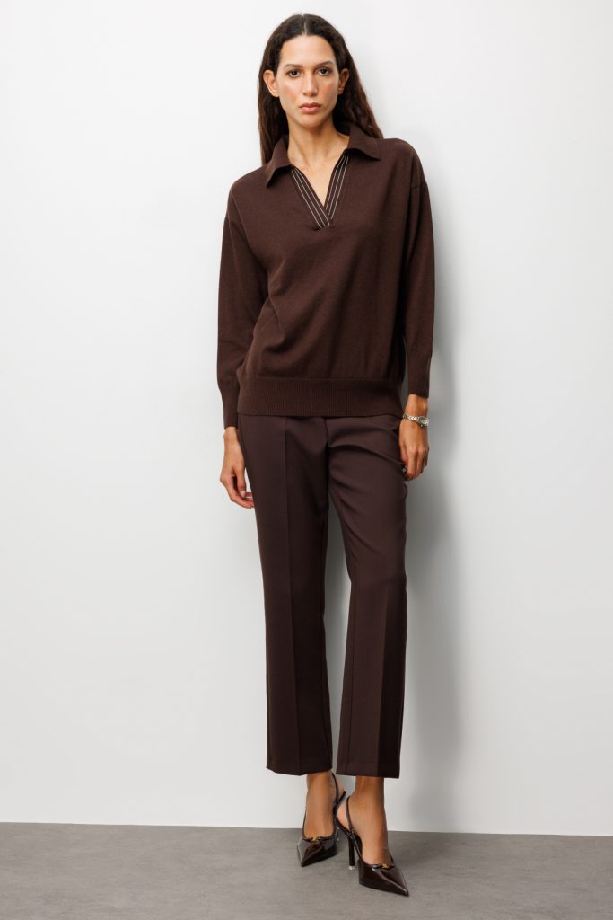 ON TRİKO Polo Yaka Zincir Detaylı Triko Kazak 66336 - kahve