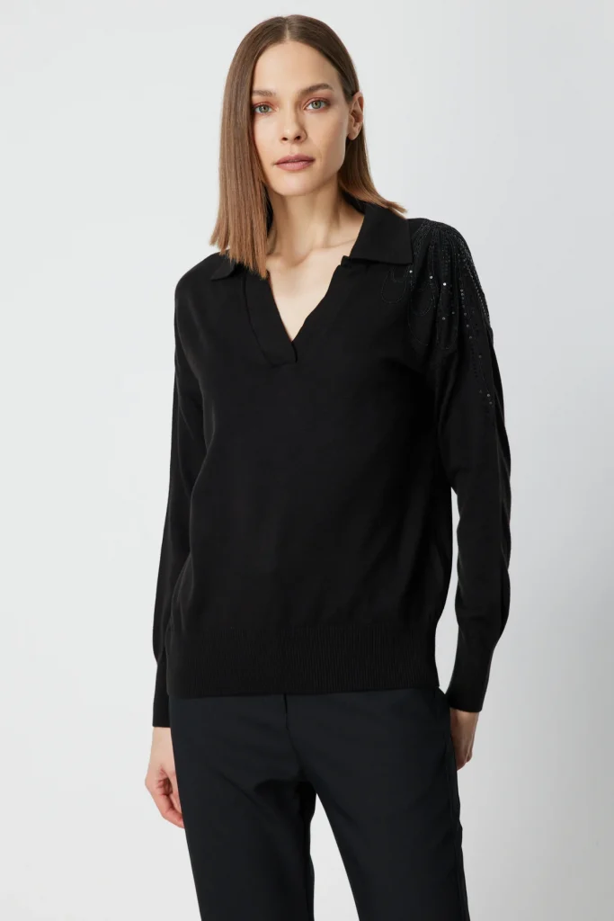 ON TRİKO Omzu İşlemeli Polo Yaka Triko Kazak 66359 - Siyah