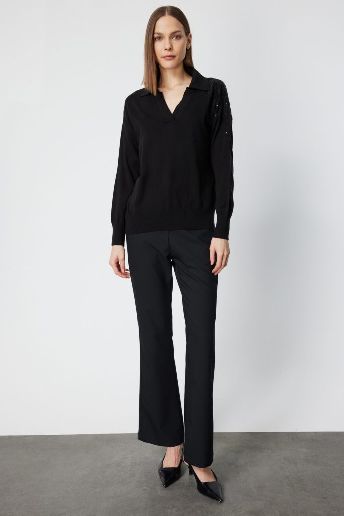 ON TRİKO Omzu İşlemeli Polo Yaka Triko Kazak 66359 - Siyah