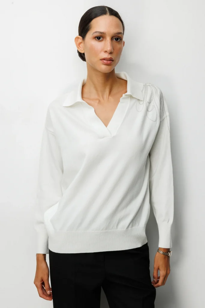 ON TRİKO Omzu İşlemeli Polo Yaka Triko Kazak 66359 - EKRU