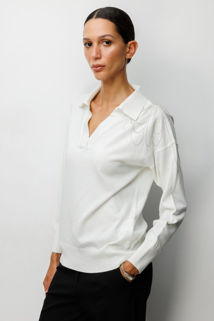 ON TRİKO Omzu İşlemeli Polo Yaka Triko Kazak 66359 - EKRU