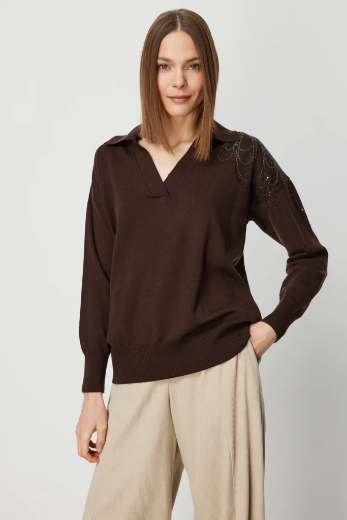 ON TRİKO Omzu İşlemeli Polo Yaka Triko Kazak 66359 - kahve