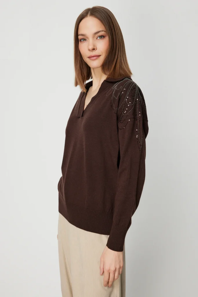 ON TRİKO Omzu İşlemeli Polo Yaka Triko Kazak 66359 - kahve